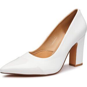 Women's White Pointed Toe Chunky Pumps Shoes Block High Heels Comfortable